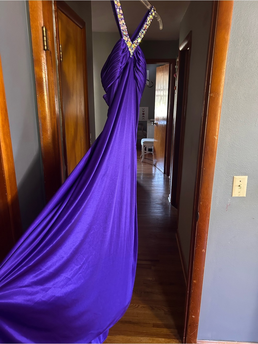 Deb Purple Jeweled Halter Prom Dress